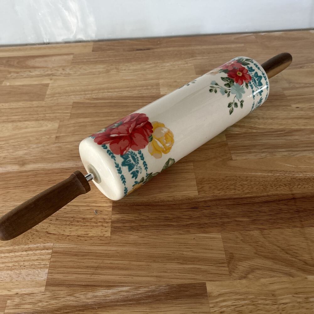 The Pioneer Woman Ceramic Rolling Pin Floral Pattern with Wooden Handles, 18"